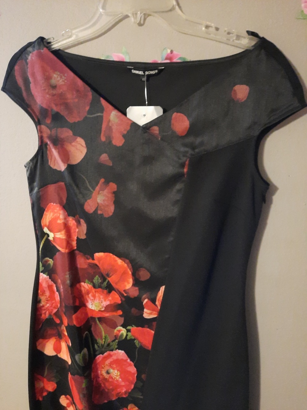 Samuel Dong Black Dress with Red Floral Accents 486